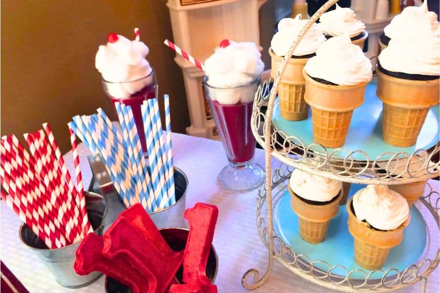 DIY ice cream cones and parfaits for the 1st birthday ice cream themed party
