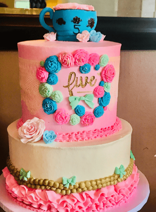 Tea party 5th birthday cake